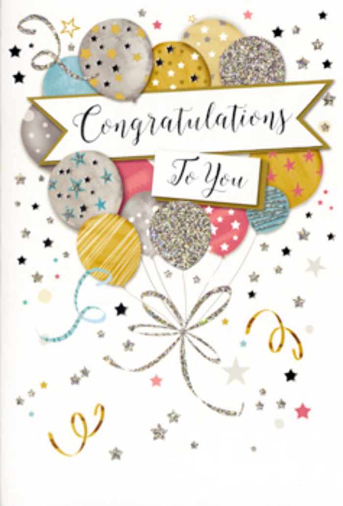This congratulations card is captured as though resting on a polished table in a Muswell Hill home, its design conveying a sense of thoughtful, modern celebration. At the centre, a bouquet-like cluster of balloons is illustrated in harmonious shades of metallic gold, champagne, silver, soft sky blue, blush pink and gentle grey. Each balloon has its own character: some are dusted with glitter effects, others wrapped in slender stripes, while a few are sprinkled with tiny stars that glint like streetlights along Muswell Hill Broadway on a clear evening. Fine gold and silver lines trail down from the balloons, curving and looping as if drifting in an indoor breeze, mimicking the satin ribbons we tie around congratulatory arrangements at Flower Delivery Muswell Hill. Across the middle of the card, a soft, unfurled banner stretches horizontally, bearing the congratulations message in refined calligraphy that looks almost hand-lettered, the curves of the script echoing the roundness of the balloons. The background is a gentle, light tone, softened as though washed with a hint of pearly shimmer. Over it, scattered metallic stars, confetti dots and curling streamers create a sense of depth and movement, like the aftermath of a well-loved party in a Muswell Hill café or along nearby Fortis Green. The colour palette balances warmth and sophistication, making the card suitable for graduations, promotions, new homes or any milestone worth marking. Visually, it feels like holding a tiny celebration in your hands-a paper counterpart to a fresh bouquet, designed to travel easily with a same-day delivery across N10 and still convey heartfelt pride, admiration and joy.