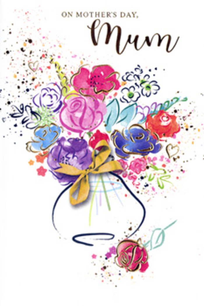 The illustrated bouquet on this Mother's Day card unfurls across the page like an expressive floral sketch created by a seasoned Muswell Hill florist with a painter's brush. The flowers themselves are an exuberant mix of hot pink, cerise, plum, and indigo tones, painted in loose, fluid strokes that bleed and blend at the edges, giving each bloom a sense of soft motion. Darker indigo outlines trace some petals and stems, offering a gentle framework, while other edges are left to dissolve into the creamy white background, creating a dreamy, almost ethereal effect. Lighter splashes of apricot, lavender, and soft blue drift between the stronger colours, echoing the varied blossoms one might see in front gardens along Muswell Hill Broadway in May. Scattered throughout are tiny flecks and splatters of pigment, as well as delicate heart shapes, which feel like whispered notes of affection surrounding the central bouquet. Fine gold detailing picks out certain contours and veins on petals and leaves, catching the eye like tiny reflections of streetlights after rain on nearby Colney Hatch Lane. The bouquet is gathered into a simple vase at the base of the composition, its rounded form outlined in soft washes and cinched with a neat golden bow that suggests careful, loving presentation. There is no clutter behind the arrangement; the white space around it allows every colour and brushstroke to breathe. Together, the elements create an impression of gratitude and sincere love, a paper bouquet designed to echo the emotional depth of a real Mother's Day delivery, filled with both beauty and meaning.