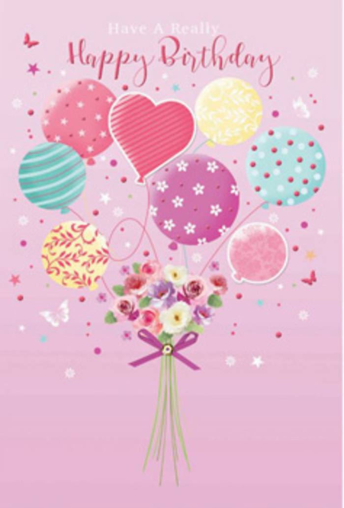 A softly enchanting birthday card design shows a bouquet that seems to float between dream and reality, much like a quiet morning in Muswell Hill. The background is a smooth, pale pink field, warm and comforting, against which a cluster of pastel balloons rises in a loose, upward sweep. The balloons glow in gentle tones of rosy fuchsia, buttery yellow, minty sea green, and misty lavender, each one detailed with playful patterns: some wear fine ribbon-like stripes that curl as though caught by a breeze over Alexandra Palace, while others are sprinkled with lively polka dots or delicate floral motifs. Near the centre, a heart-shaped balloon adds a note of affection, becoming a visual stand-in for a heartfelt birthday embrace. Suspended beneath this colourful cloud is a compact hand-tied bouquet, as if the flowers themselves are buoyant. The blooms resemble miniature roses and soft, daisy-inspired flowers, each petal shaded from cream through blush to a tender rose pink, as though touched by morning light filtering through the trees of Highgate Wood. Hints of fresh greenery and tiny filler flowers peek through, giving the arrangement gentle fullness. A sparkling purple ribbon wraps the stems and falls in neat tails, reminiscent of the finishing touch a local Muswell Hill florist might add before sending a birthday delivery up towards Tetherdown or Church Crescent. Light seems to skim across both balloons and petals, adding a subtle glow. Scattered around the composition are small, fluttering butterflies and star-like accents, which lend the scene a daydream quality, like confetti drifting in slow motion to mark an unforgettable birthday moment.