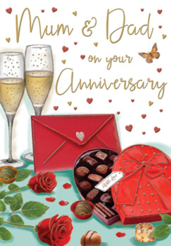 The illustrated anniversary card is arranged like a romantic still life, conjuring the atmosphere of a cosy Muswell Hill home on a special evening in. At the heart of the design, two elegant champagne glasses stand close together, their slender stems touching as if in quiet companionship. Each flute is filled with softly glowing golden champagne, delicate bubbles rising in fine streams that capture a sense of excitement and gratitude. To the left, a pair of red roses rests on the tabletop, their velvety petals unfurling in layers of rich crimson. The flowers look as if they were freshly chosen from a skilled florist just off Muswell Hill Broadway, their deep green leaves curling naturally around the blooms to create a sense of fullness and life. In front of the glasses sits a heart-shaped box of chocolates. Its rich red exterior is crowned with a wide, luxurious bow tied in satin loops. The lid is slightly open, revealing a neat selection of chocolates inside-smooth, glossy pieces arranged in tempting rows, with a few escaping onto the surface below to hint at a leisurely, shared treat. A bright scarlet envelope, perfectly sealed, lies at an inviting angle, suggesting a heartfelt anniversary message, perhaps written by grown-up children to their parents. Scattered around the composition are tiny crimson and gold hearts, along with flowing script that spells out affectionate wishes. Light seems to shimmer gently across the glass and ribbon, bathing the entire setting in a golden glow. The mood is indulgent yet deeply tender, celebrating the quiet rituals of love-flowers, chocolate, and a toast-built over years together.