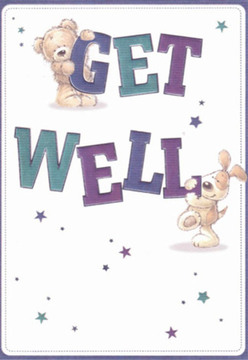 Warmth and encouragement abound in this Muswell Hill-inspired get well card, brought to life with charming illustrations reminiscent of a comforting floral basket. A gentle bear, wrapped in soft, downy fur, balances atop the word 'GET,' eyes twinkling like the lanterns strung through Fortis Green on a spring evening. Below, a sprightly puppy with lolling ears nuzzles the word 'WELL,' its presence radiating affection and hope. The text, painted in rich purples and tranquil teals, leaps from a pristine white background that echoes the clean, airy feel of a freshly arranged bouquet. Bright stars, scattered like petals across the scene, blend magic with heartfelt wishes, much like the thoughtful touches local florists add to every delivery. The card's energy is playful yet deeply sincere-a reflection of the nurturing spirit found throughout Muswell Hill. It's a design that feels just as purposeful as a bespoke bouquet sent from Queens Avenue, thoughtfully crafted to lift spirits and remind loved ones that brighter moments are on their way.