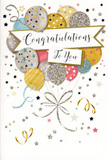 In this richly detailed congratulations card, the artwork feels like a small celebration unfolding on the page, much like the happy moments we see shared around Muswell Hill. The central focus is a lush grouping of illustrated balloons, softly rounded and overlapping as if they've been gently gathered into a bouquet. They glow in coordinated tones of gold, silver, champagne, blush pink, sky blue and muted grey, each balloon finished with its own delicate pattern-tiny stars, narrow stripes or sparkling flecks that create a sense of texture and light-reflecting shimmer. From their bases, finely drawn cords of gold and silver sweep downward, curling and twisting like decorative ribbon, echoing the way we trail silk ties from a congratulatory flower arrangement destined for a home near Alexandra Palace or Crouch End. These lines converge elegantly at the bottom of the composition, visually anchoring the design. Around the balloons, clusters of miniature stars, dots and whimsical swirls radiate outward across a pale, luminous background, suggesting floating confetti and the flutter of streamers caught in a gentle indoor breeze. Across the centre, a graceful banner carries the congratulatory message in stylish script, its gentle curve mirroring the rounded forms of the balloons and bringing a sense of balance to the design. There is no loudness here, only a refined, effervescent joy-the kind of festive yet tasteful feeling perfect for celebrating promotions, graduations or personal achievements. The card pairs naturally with a fresh bouquet delivered across Muswell Hill, adding a layer of sparkle and sincerity to the pride you want to express.