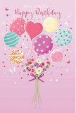 Illustrated birthday scene depicting a playful bouquet of balloons and flowers that feels right at home in cheerful Muswell Hill gatherings. The background is a soft, dusky pink, like the sky above Muswell Hill Broadway after a sunny day, setting a gentle, celebratory tone. Rising from the base is a loose cluster of pastel balloons, their strings converging where they meet the flowers below. The balloons come in soothing hues of blush, sea green, lavender, and warm yellow, each one decorated with its own joyful pattern: some have candy-coloured stripes that spiral upwards, others are dotted with bubbly polka spots, and a special heart-shaped balloon glows warmly at the centre, quietly suggesting love and birthday wishes. Below this airy display, a small hand-tied bouquet is gathered as though it could be delivered by a local florist on Fortis Green Road. The flowers resemble small roses and anemone-like blooms in creamy ivory, blush pink, and gentle mauve, their petals soft and layered, with a few touches of fresh foliage giving depth and natural ease. A rich violet satin bow cinches the stems together, the fabric catching the same soft light that highlights the shine on the balloons and the gentle texture of the petals. Tiny golden stars and delicate butterflies drift around the arrangement, as if caught in a light breeze winding up from nearby Alexandra Park, adding a fairy-tale shimmer. The overall impression is of a light, uplifting birthday moment-sweet, nostalgic, and perfectly festive-captured in a single, charming floral-and-balloon composition.
