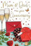 This illustrated anniversary card feels like an intimate celebration captured on paper, reminiscent of a special evening in one of Muswell Hill's leafy homes. At the centre, two tall champagne flutes stand in easy harmony, their clear glass catching warm light. Pale golden champagne fills each glass, with fine bubbles suspended mid-rise, evoking the moment just before a joyful toast. Arranged gracefully beside them, two rich red roses rest on the table, their velvety petals layered in lush curves that speak of romance and devotion. The surrounding foliage is deep green and softly detailed, giving the impression of a bouquet freshly arranged by a local florist near Fortis Green. In front of the flowers is a heart-shaped chocolate box, its surface a bold, romantic red topped with an elaborate satin bow. The lid is tilted open to reveal gleaming chocolates inside, each piece distinct and inviting, while a few scattered chocolates around the box suggest shared indulgence and easy conversation. A bright scarlet envelope, delicately sealed, lies nearby as a subtle promise of heartfelt words and cherished memories written within. Floating across the background, tiny gold and crimson hearts mingle with sweeping hand-lettered anniversary wishes, curving like confetti in the air. The composition glows with soft, golden highlights, blending the sparkle of champagne, the richness of roses, and the comfort of chocolate into a single scene. It beautifully honours enduring love, whether for Mum & Dad or a long-married couple, echoing the feeling of many anniversaries quietly celebrated together at home.